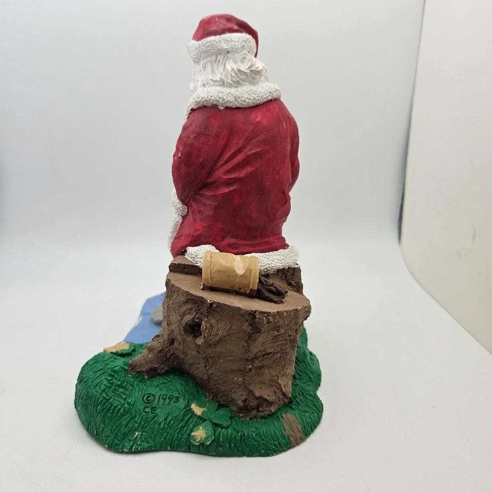 Vintage 1993 Sleeping Santa Claus Figurine Sitting on Tree Stump Creek Fishing